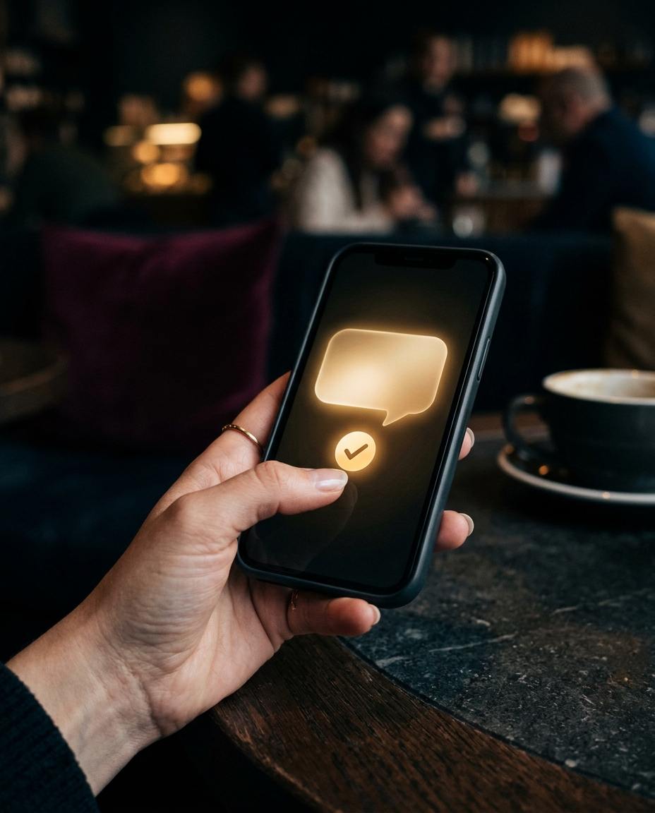 A hand holding a phone at a cafe table, about to tap a glowing approval check mark.