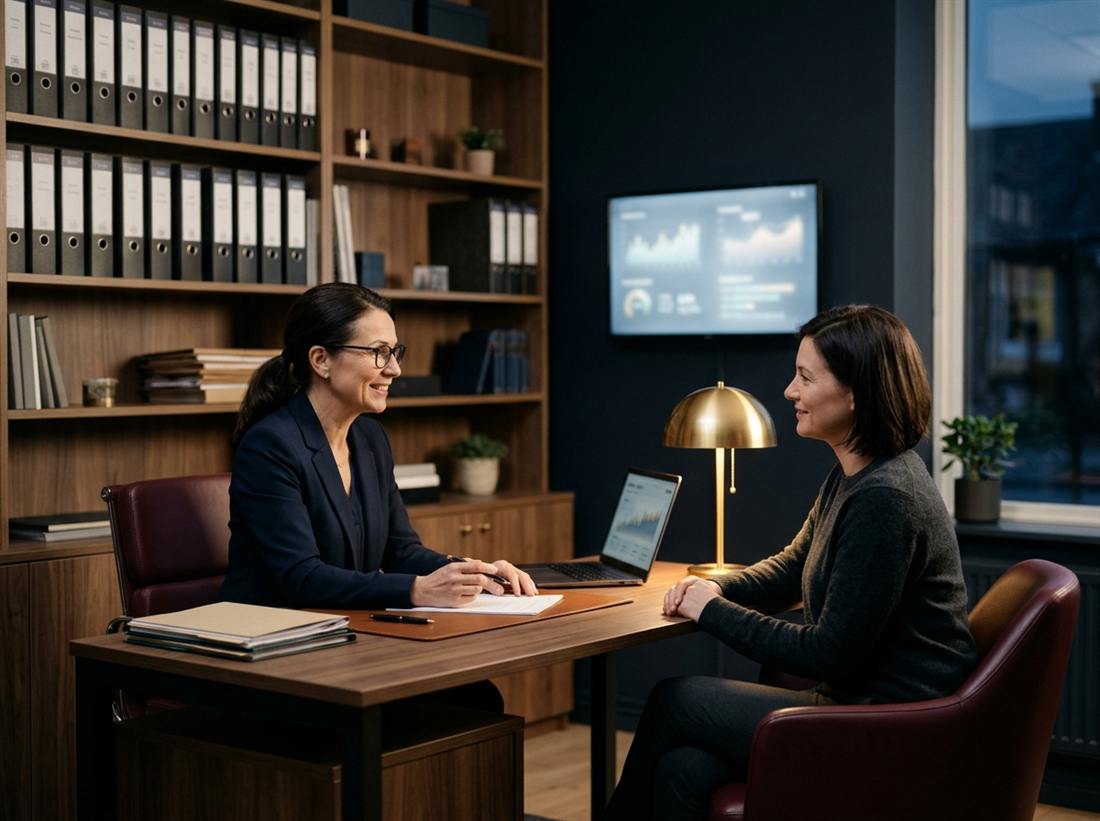 An accounting office owner talking calmly with a client at an organized desk.
