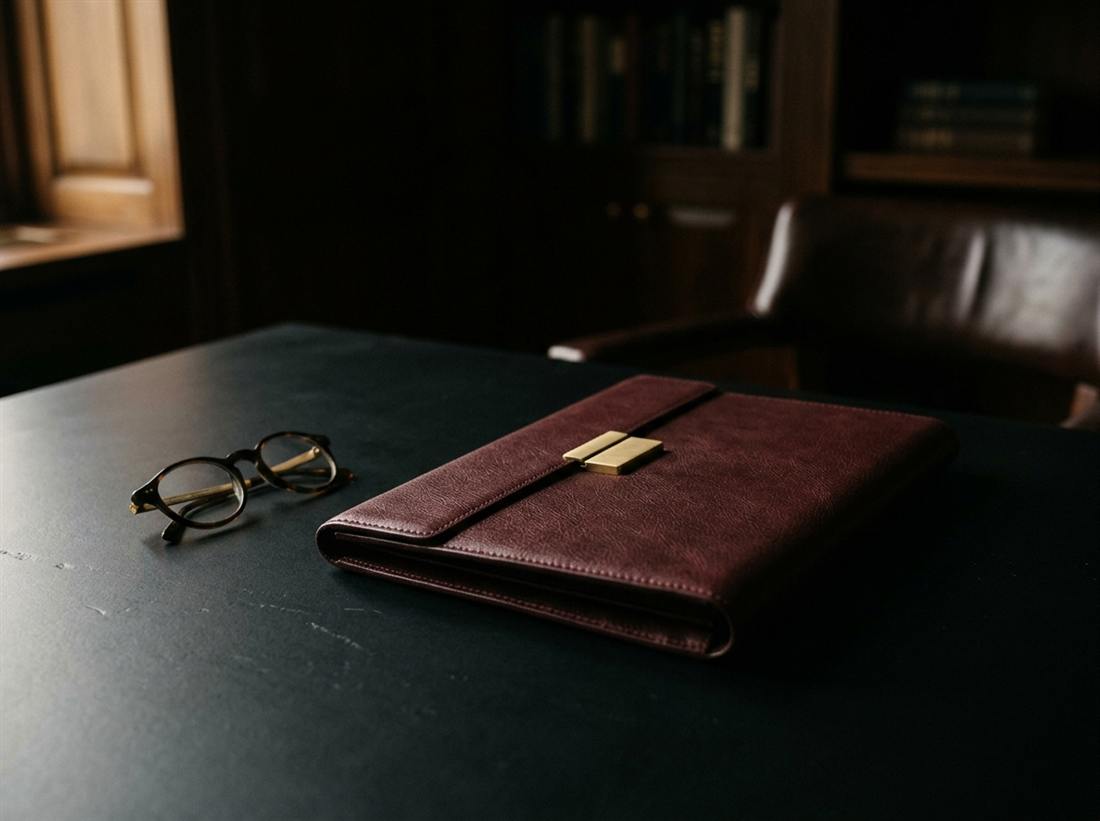 A closed burgundy leather portfolio with a gold clasp on a dark desk, beside a pair of reading glasses.