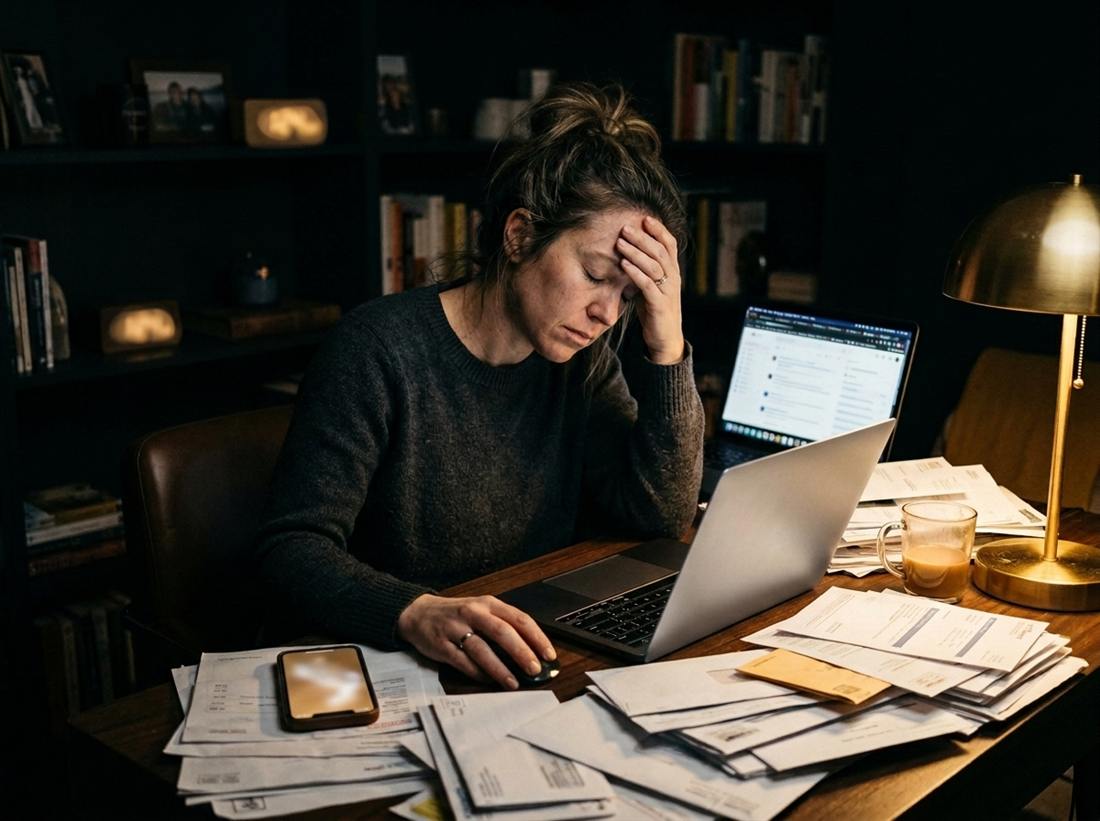 A person at a desk late at night, surrounded by bills, with a phone on hold and a laptop full of open tabs.
