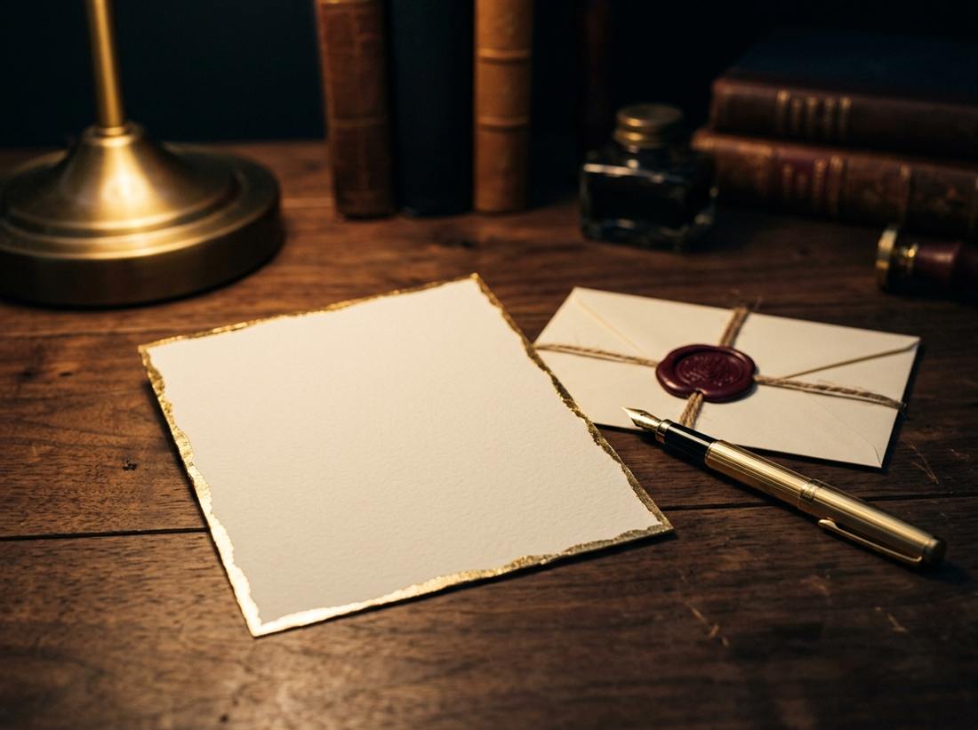A blank gold-edged invitation card on a walnut desk beside an envelope sealed with burgundy wax and a gold fountain pen.