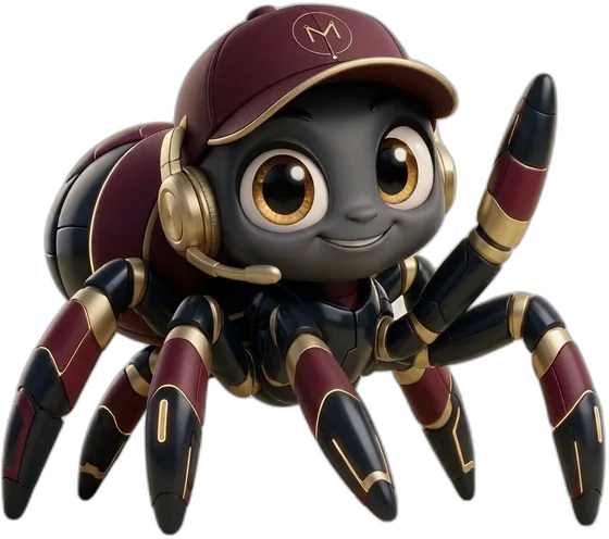 Proxy, a small robotic spider in a burgundy cap and gold headphones, waving hello.