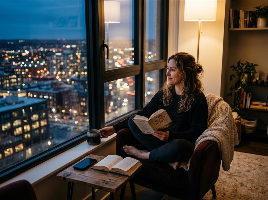 A person relaxing by a window at dusk with a coffee and a book, phone face down on the table.